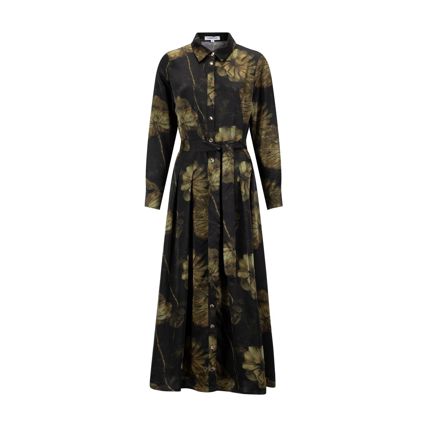 Black And Gold Floral Pleated Dress