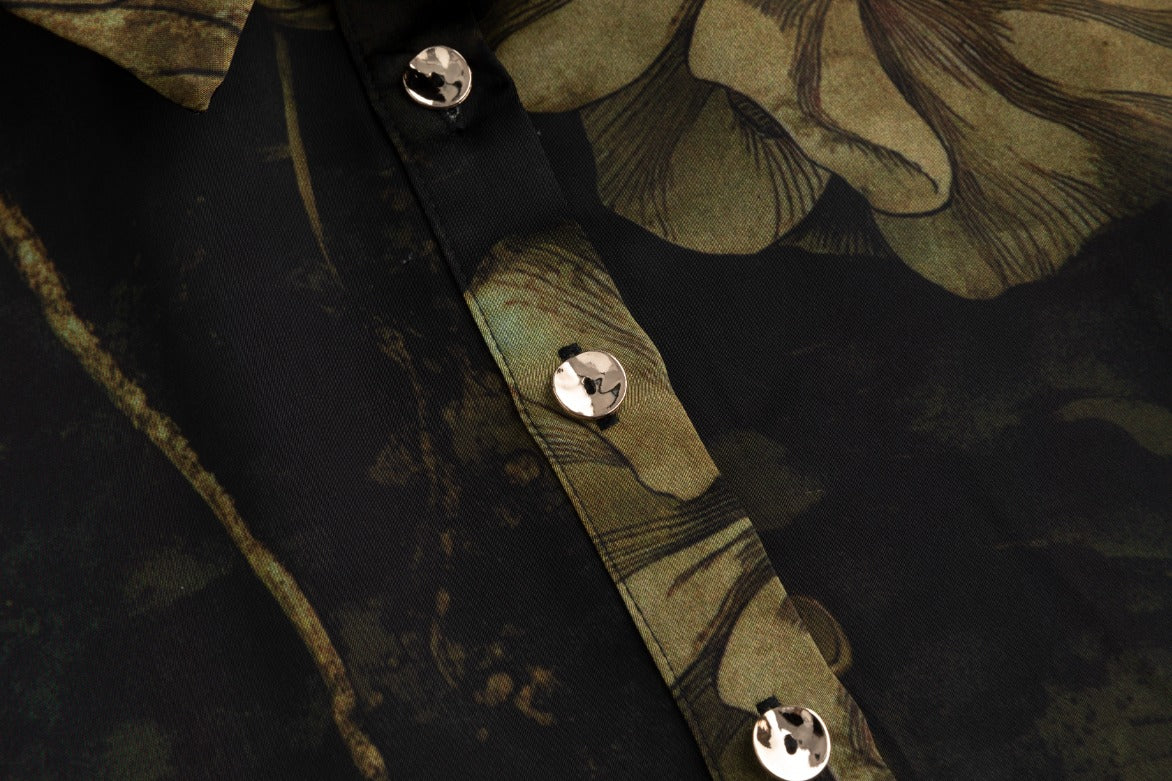 Black And Gold Floral Pleated Dress