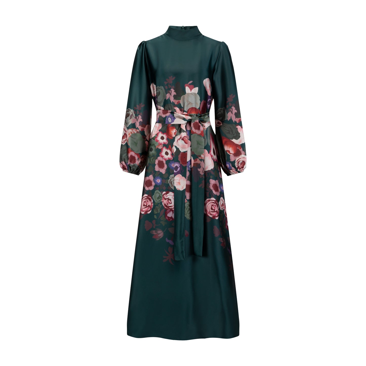 Multi Flower Printed Satin Dress - Emerald Green
