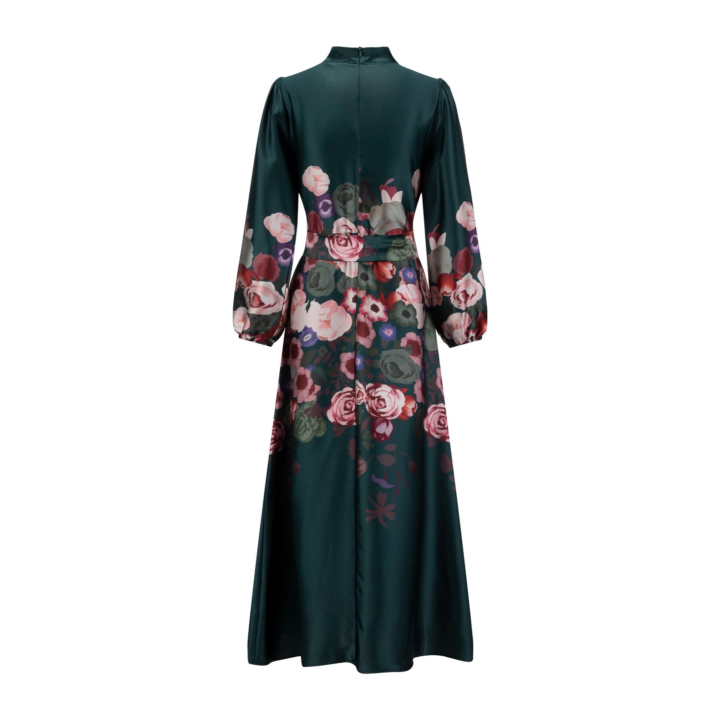Multi Flower Printed Satin Dress - Emerald Green