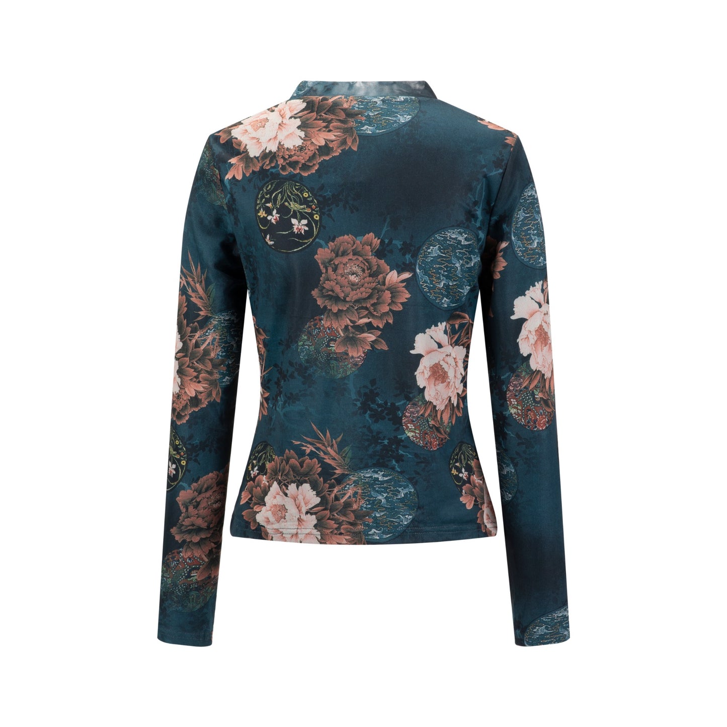 Blue Floral Printed Mock Neck Top