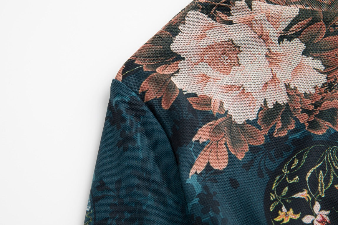 Blue Floral Printed Mock Neck Top