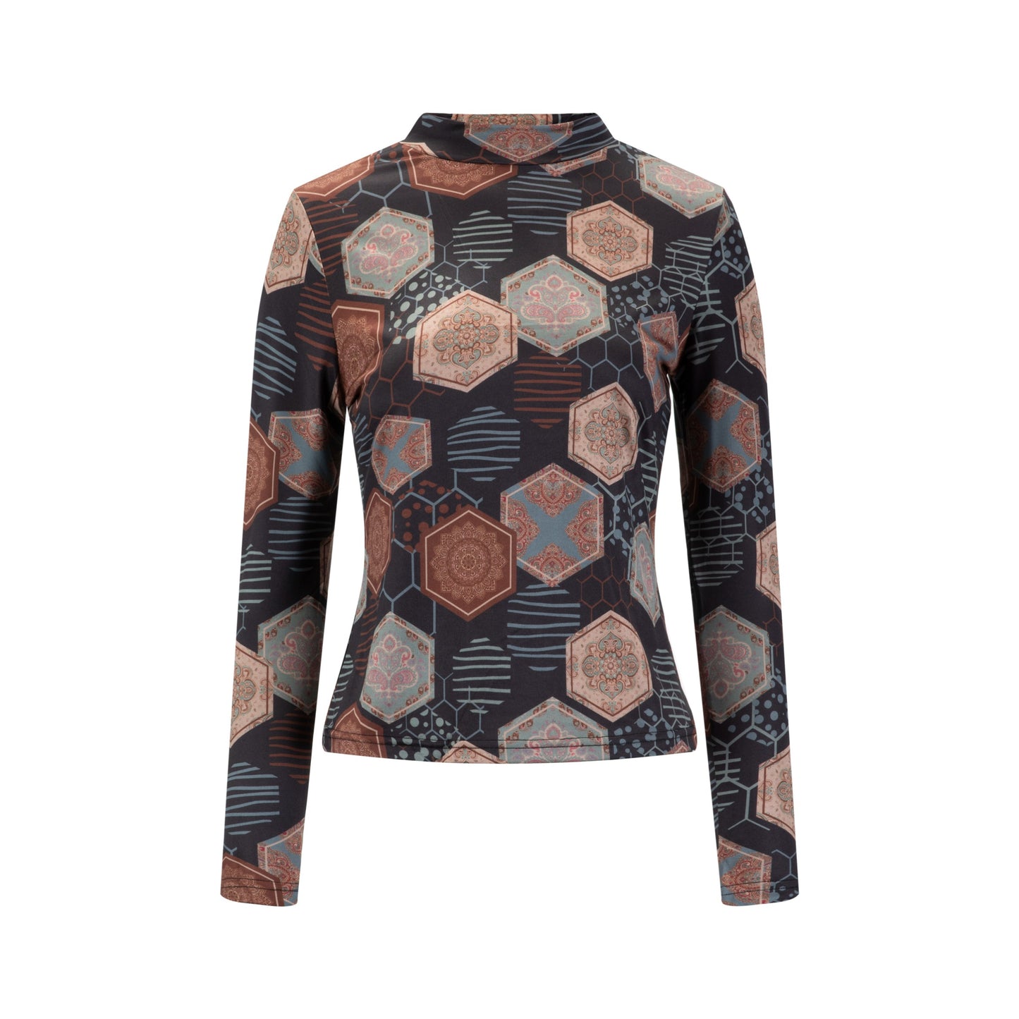 Brown Printed Mock Neck Top