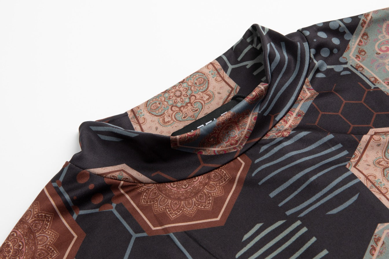 Brown Printed Mock Neck Top