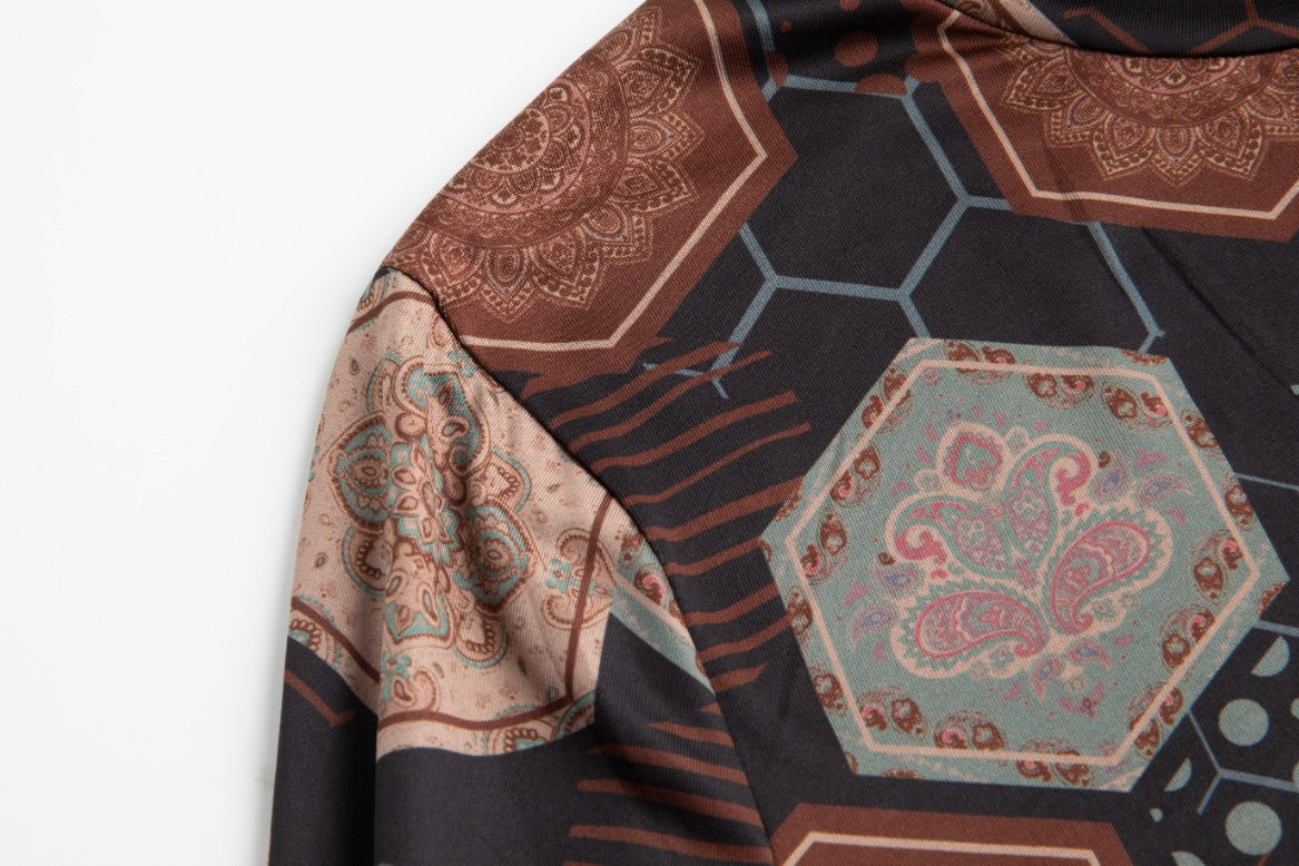 Brown Printed Mock Neck Top