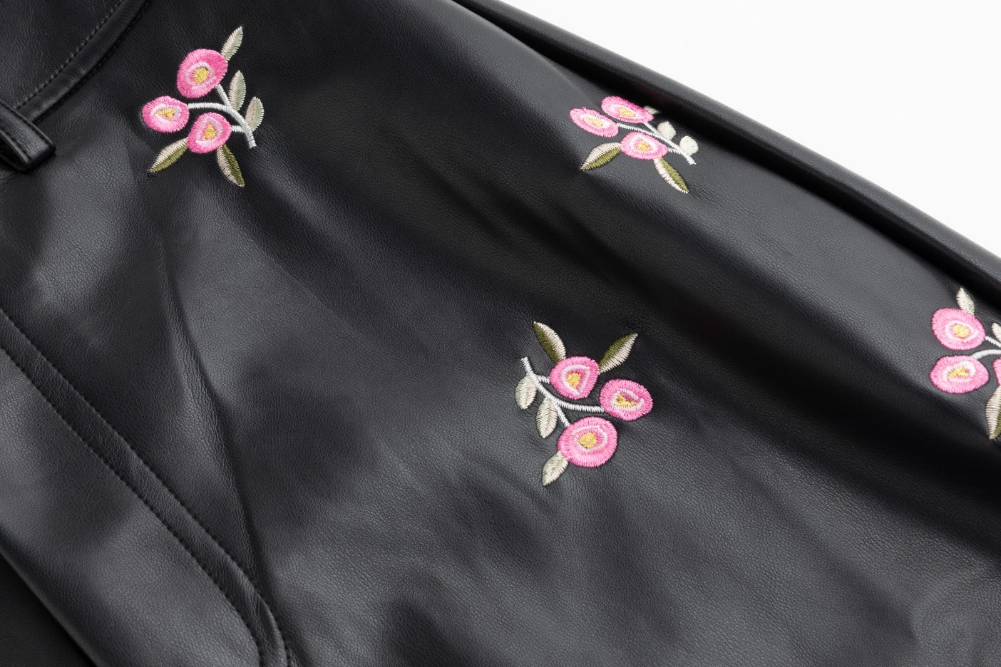 Black Leather With Mini Pink Floral Embroidery