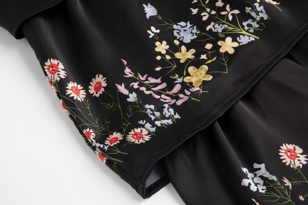 Black Floral Printed Belted Dress