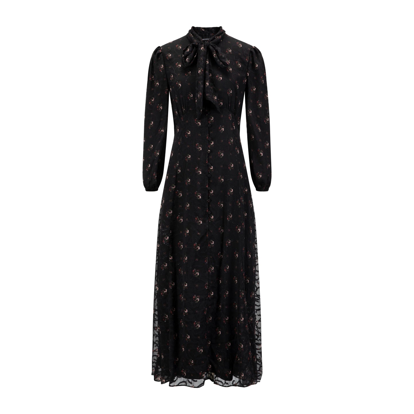 Black Printed Lace Neck Tie Dress