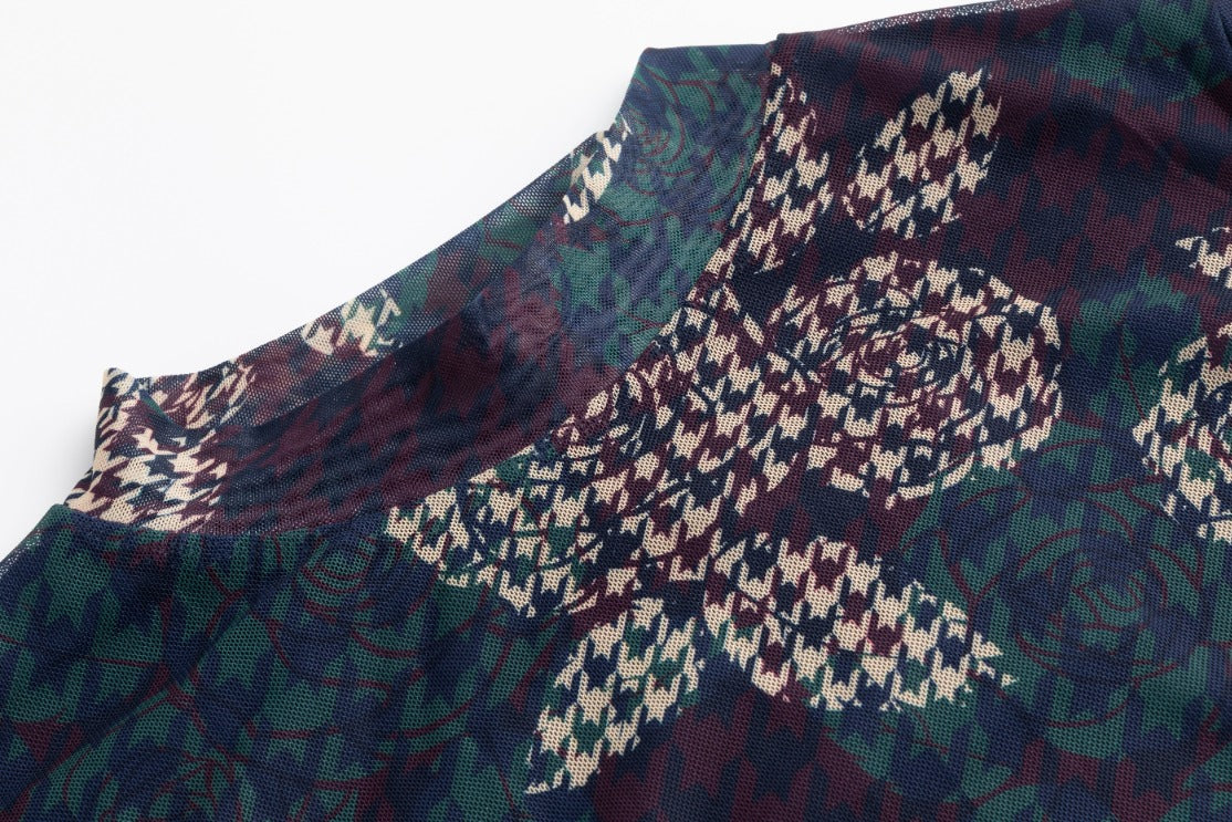 Houndstooth Floral Printed Turtle Neck