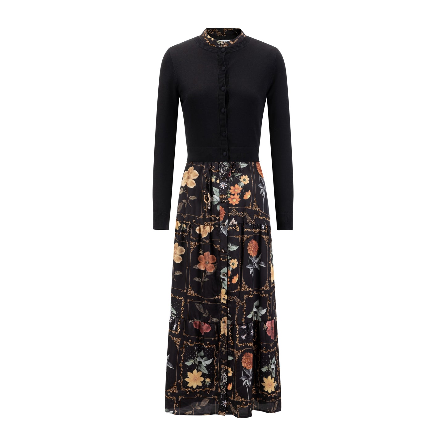 Black And Yellow Printed Drawstring Dress With Overlay Cardigan