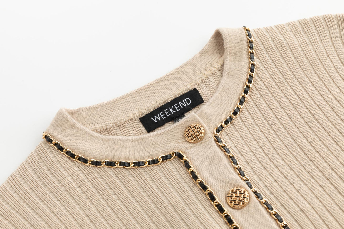 Beige Gold Chain Detailed Knit Cardigan