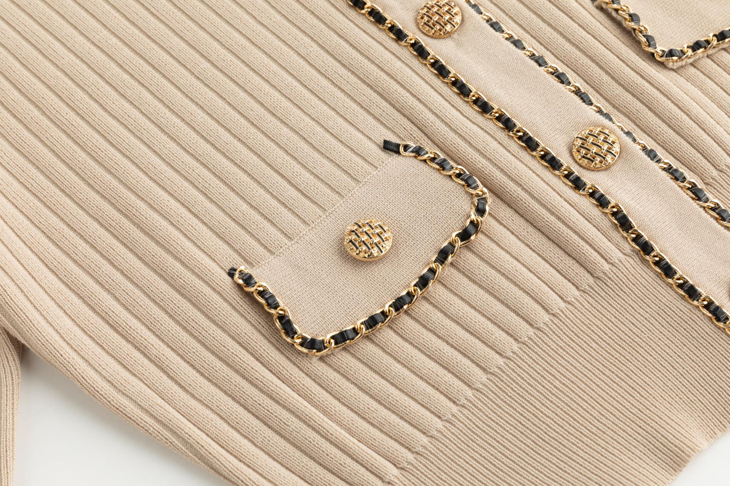 Beige Gold Chain Detailed Knit Cardigan