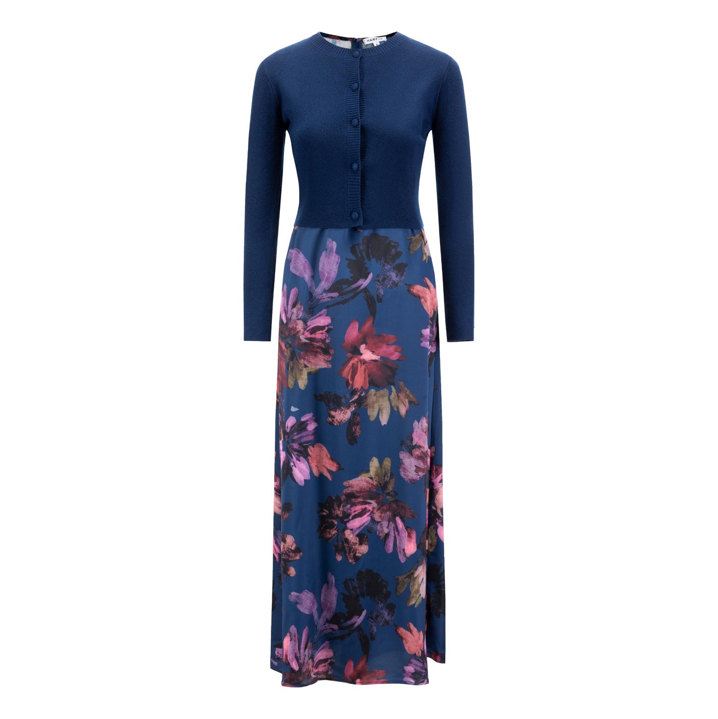 Floral Printed Jumper With Navy Cardigan Overlay