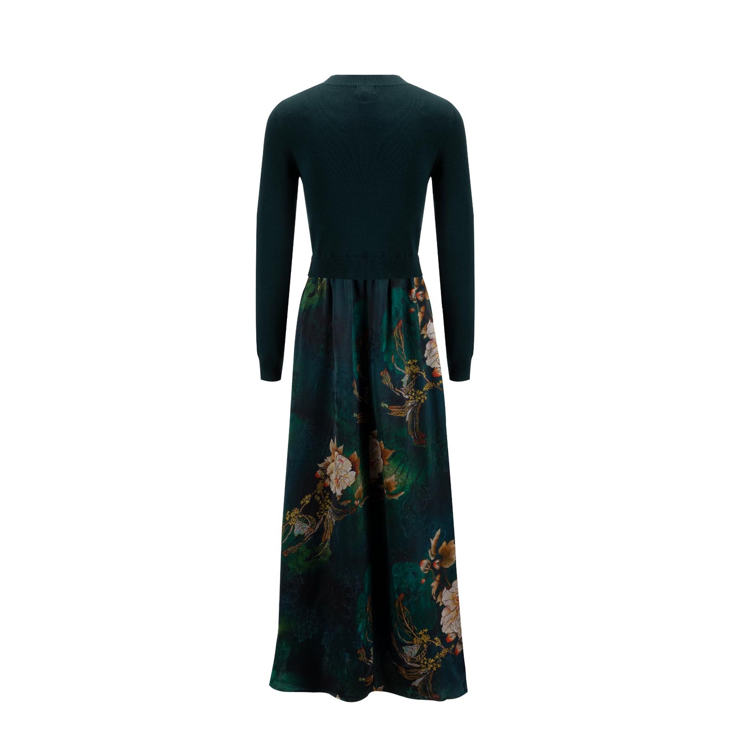 Emerald Green Knit Overlay And Printed Satin Dress