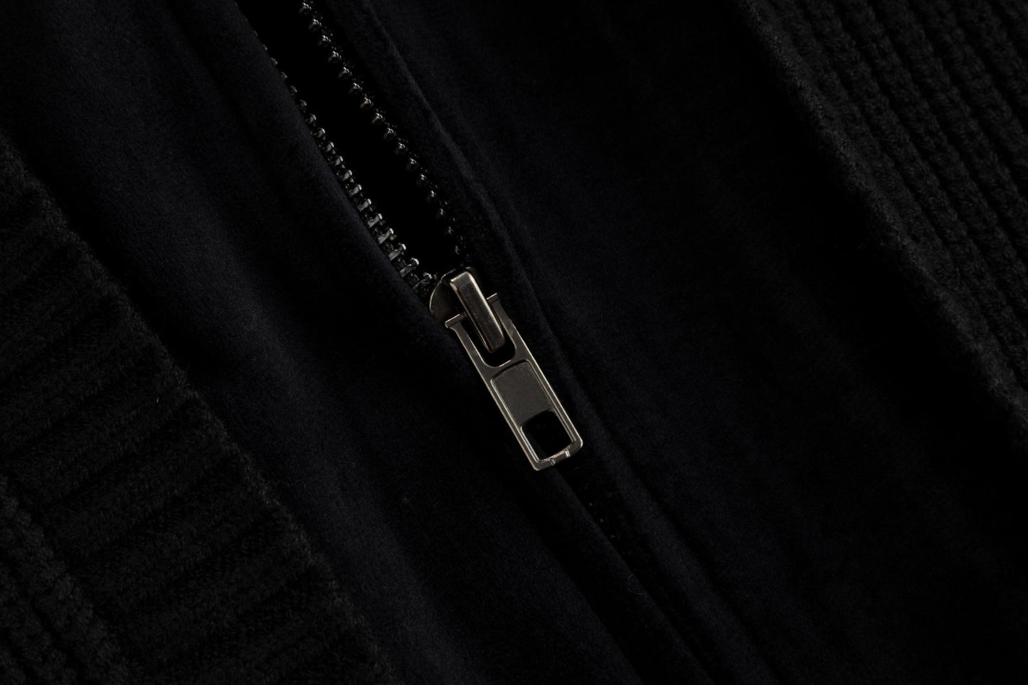 Black Knit And Velvet Zip Up Hoodie