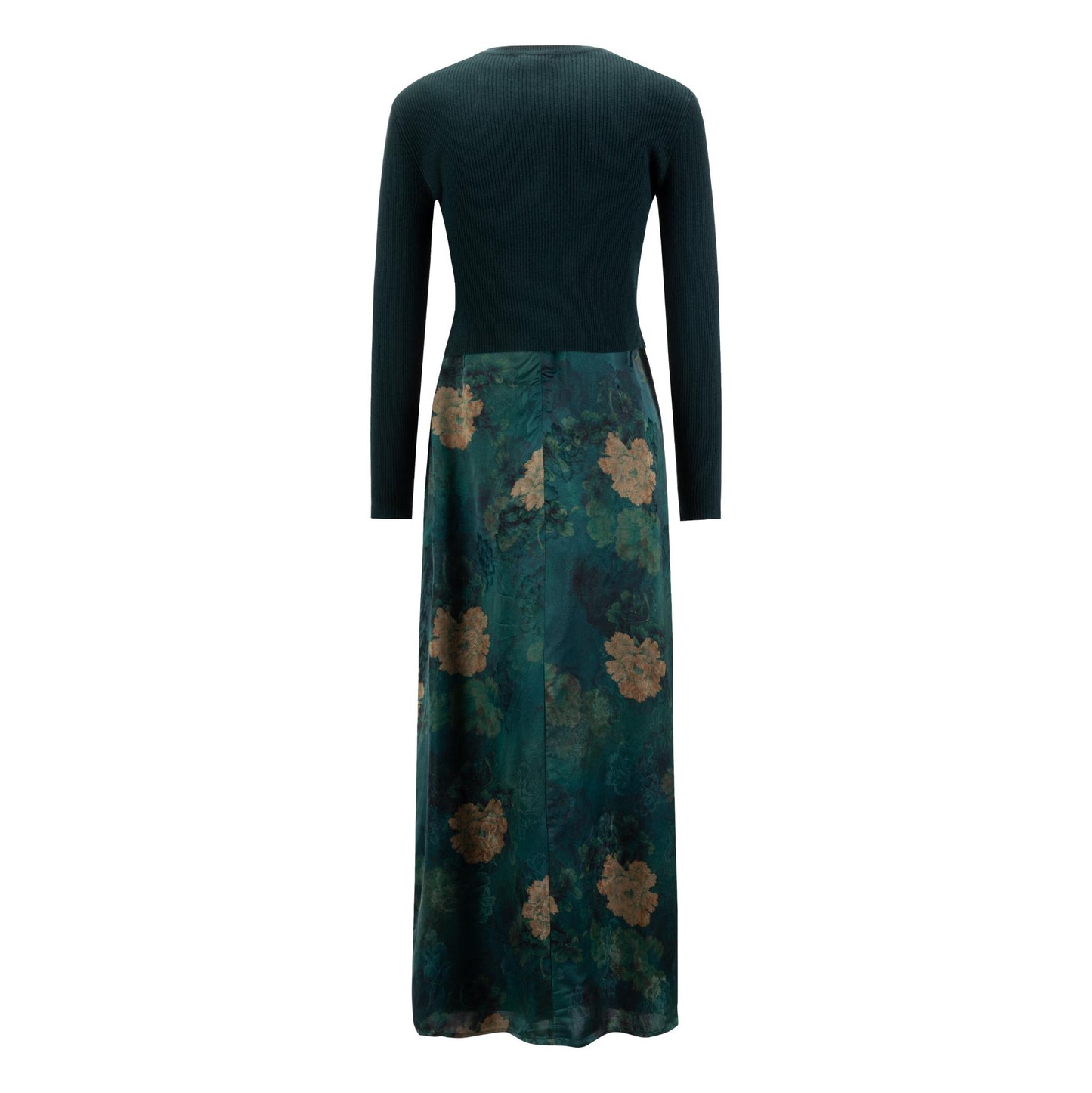 Green And Gold Floral Printed Dress With Overlay Cardigan