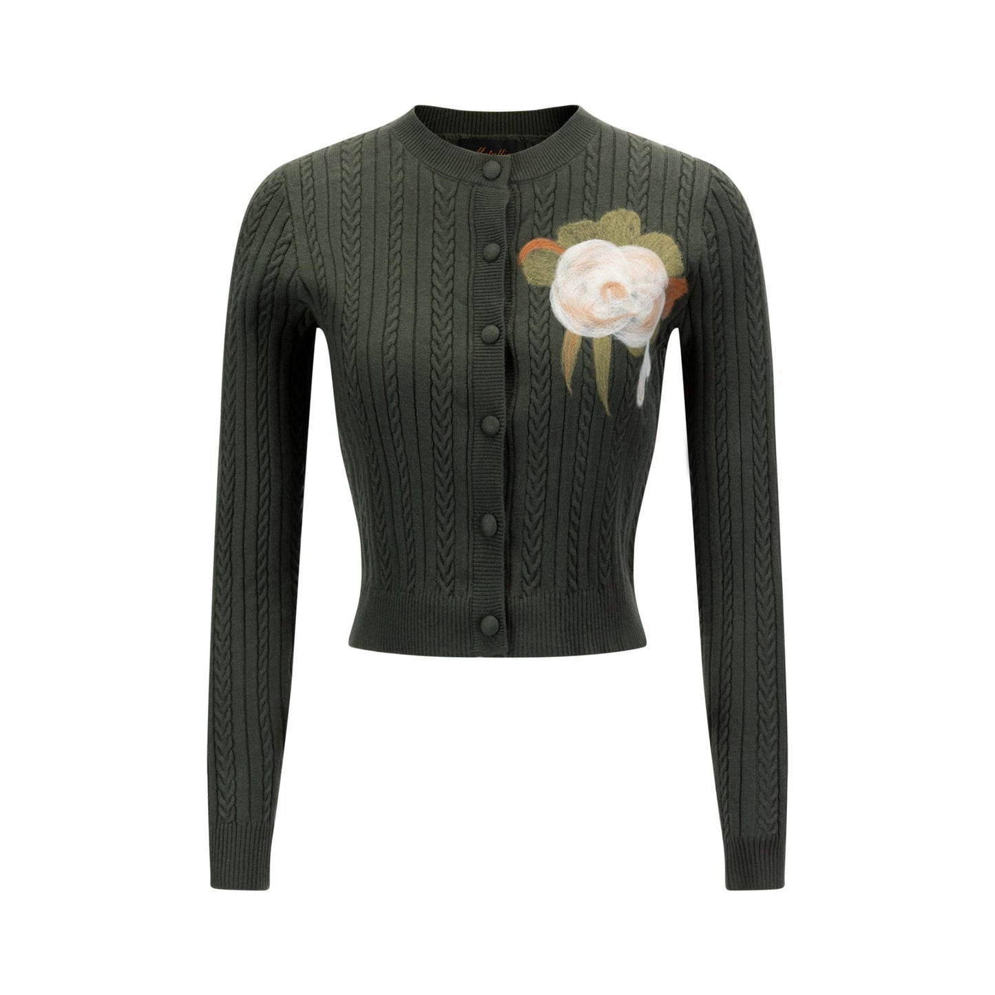 Green Cable Floral Fuzz Cardigan