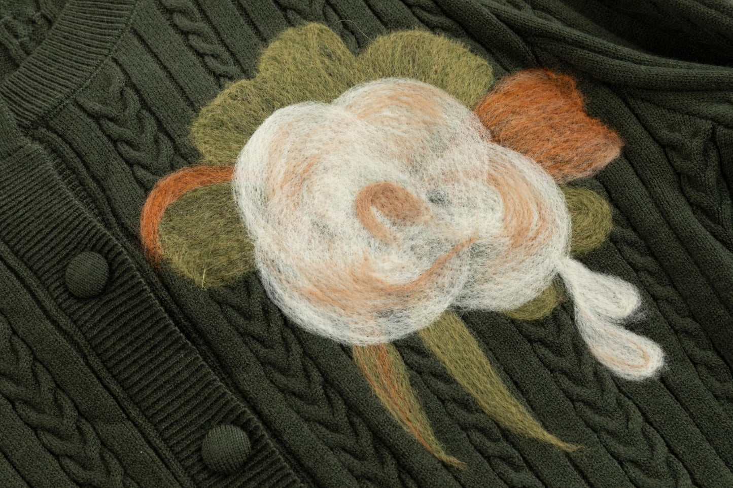 Green Cable Floral Fuzz Cardigan