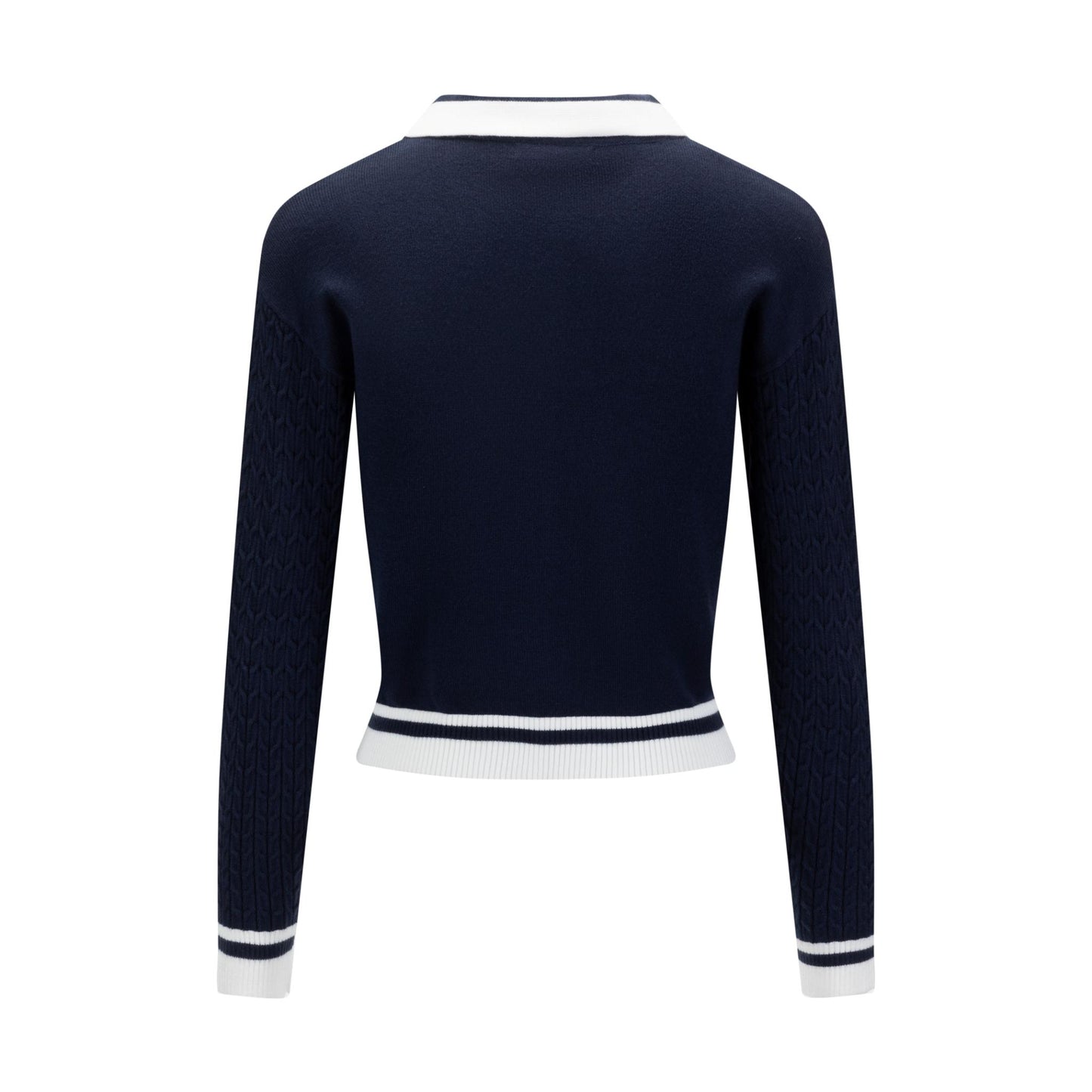 Navy Cable Knit Button Down Sweater With White Stripe Detail