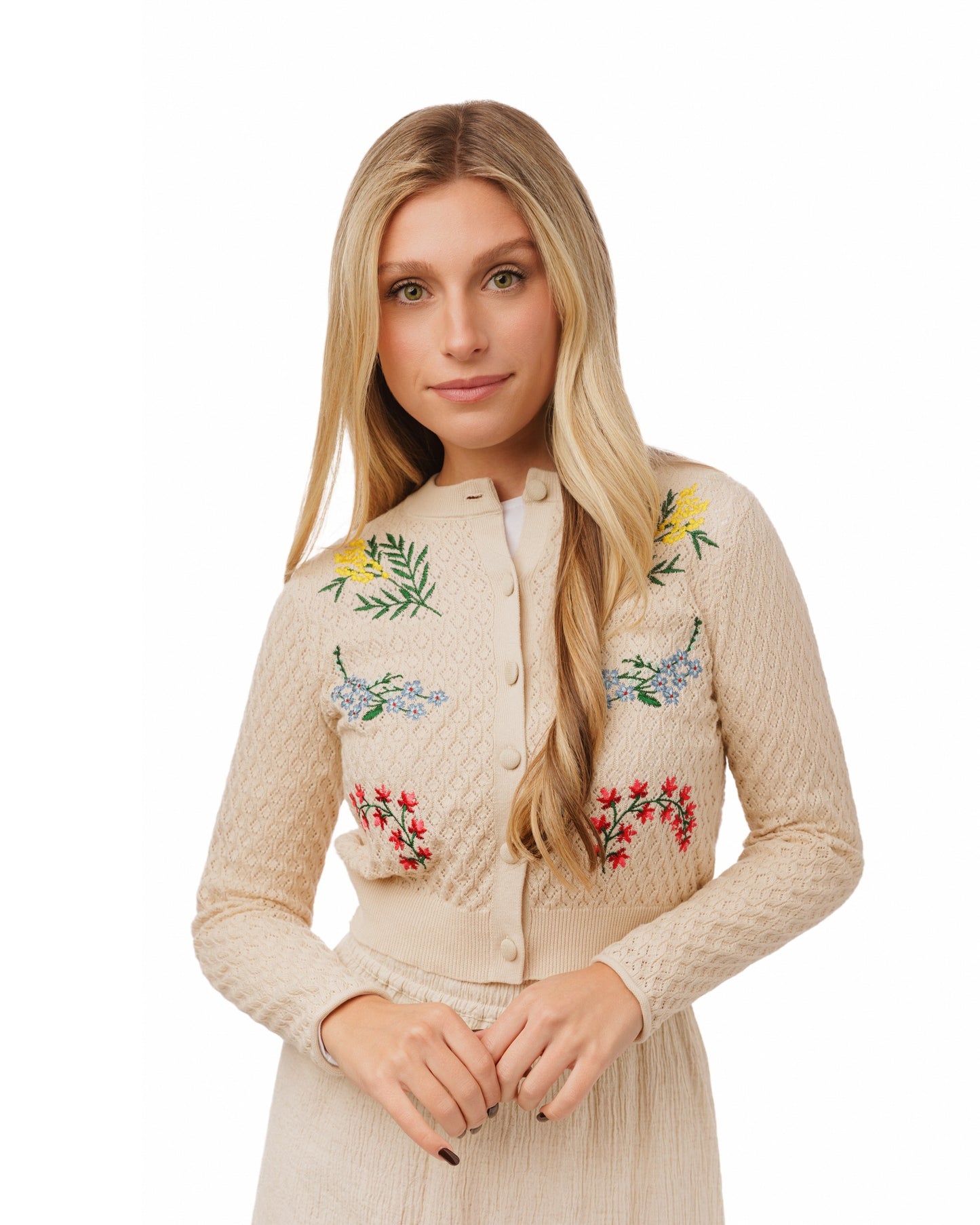 Tan Knit Textured Cardigan With Embroidered Flowers