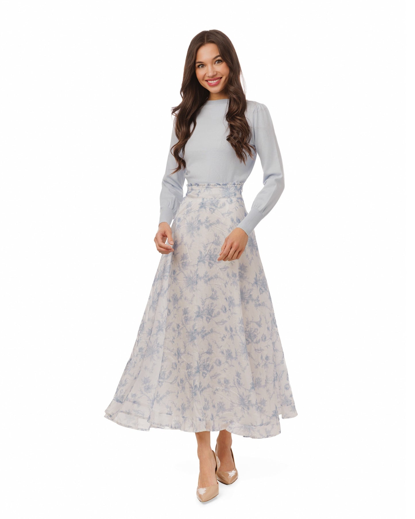 Light Blue & White Printed Floral Chiffon Skirt