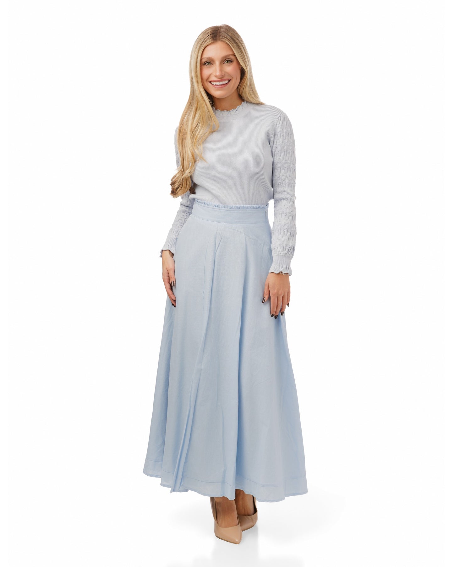 Cotton Skirt With Fringed Waistband - Light Blue