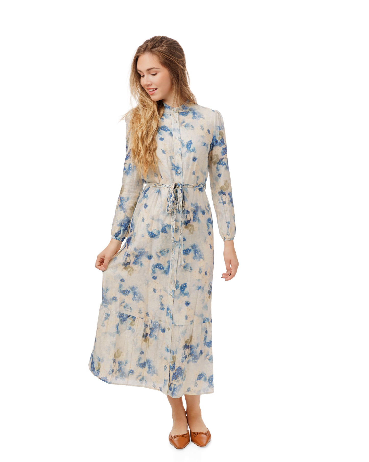 Cream Dress With Floral Print - Blue