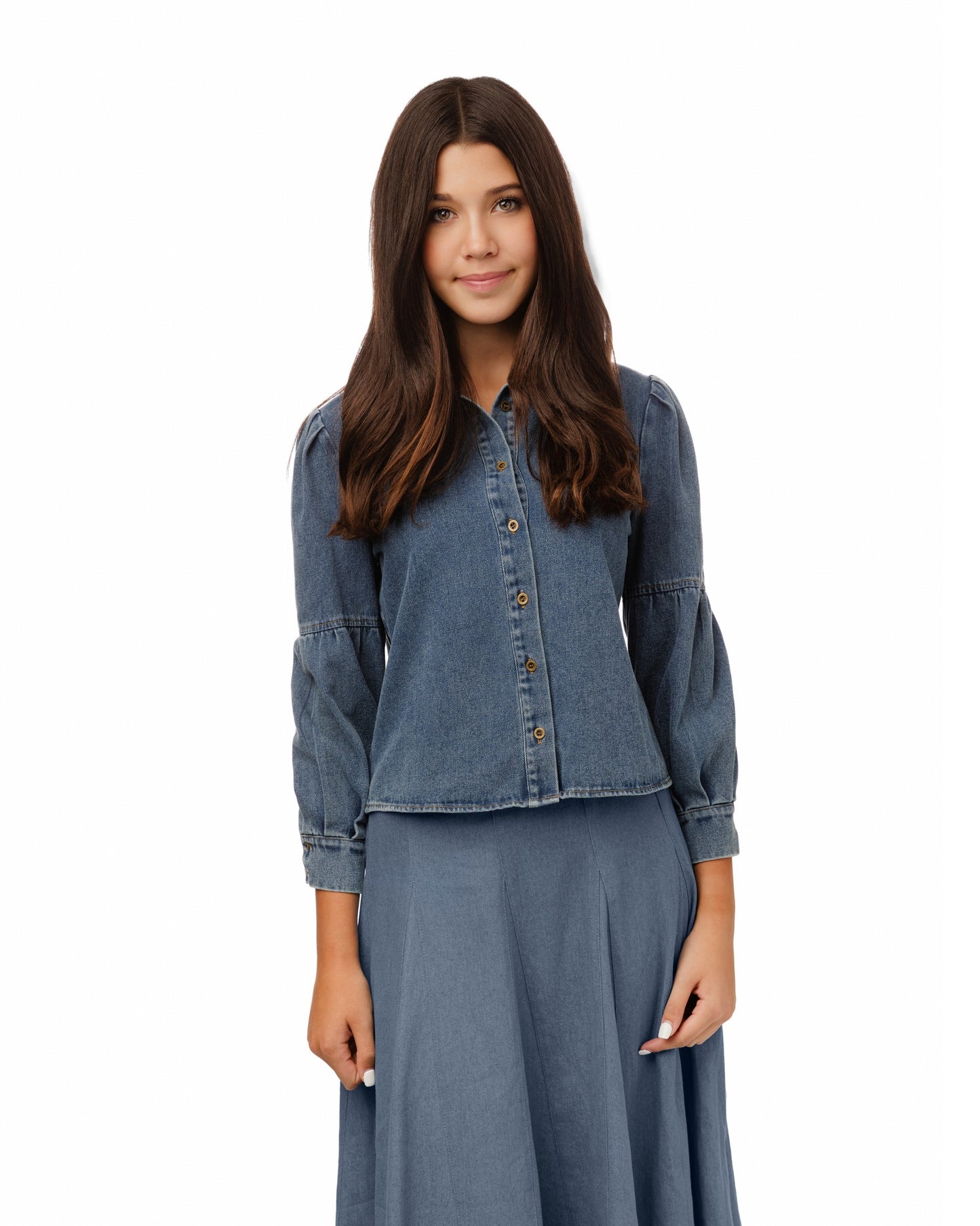 Lantern Sleeve Denim Shirt - Blue