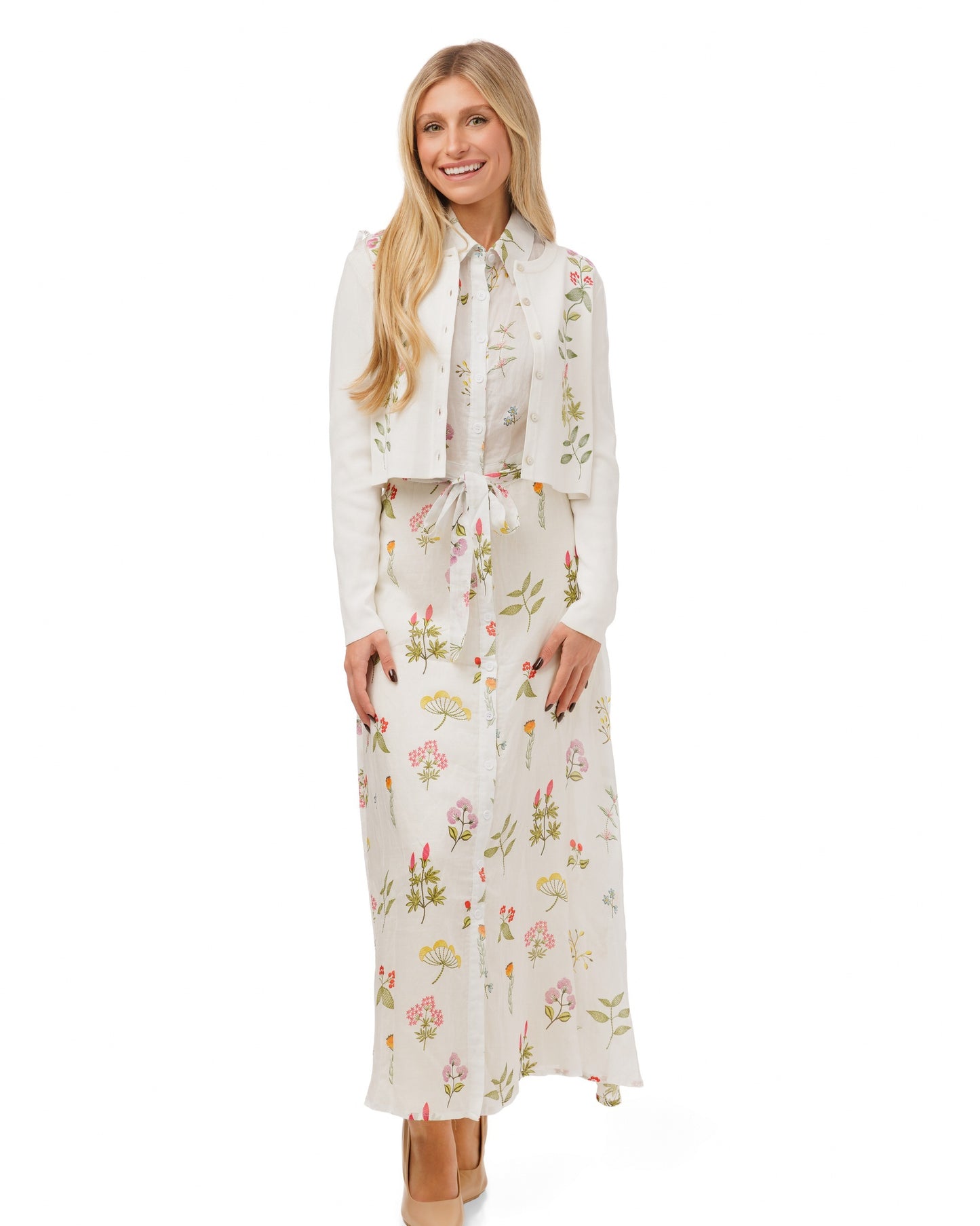 White Floral Dress With White Embroidered Cardigan