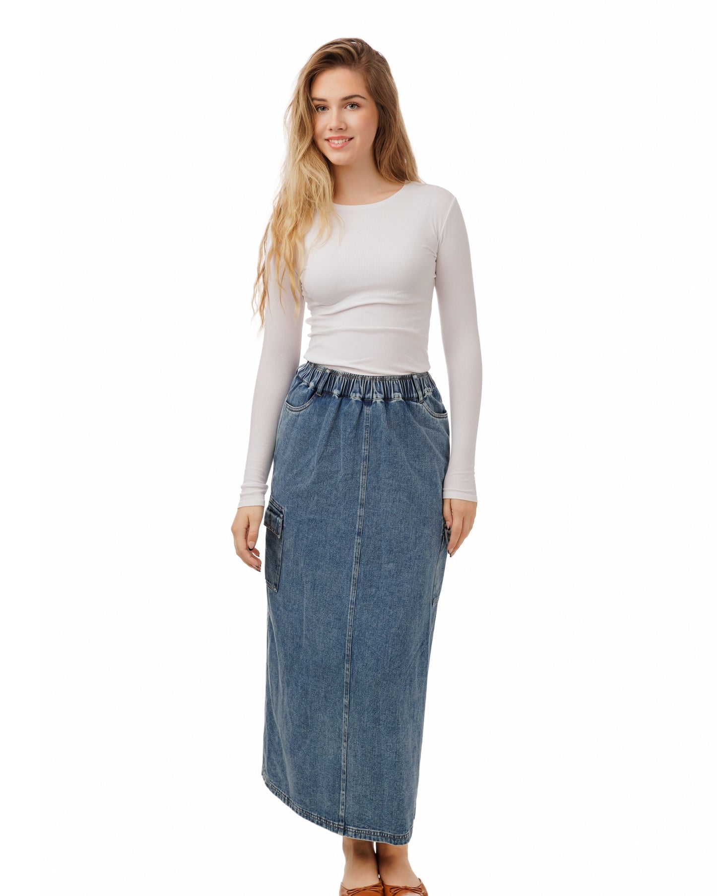 Plain Pocket Cargo Skirt - Blue Denim