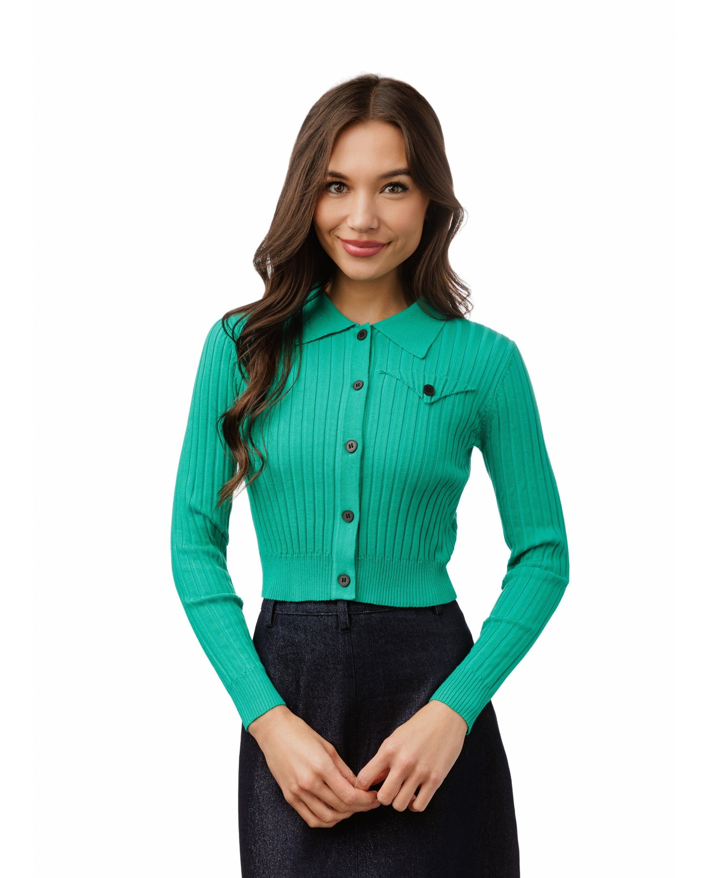 Ribbed Knit Top With Pocket - Green