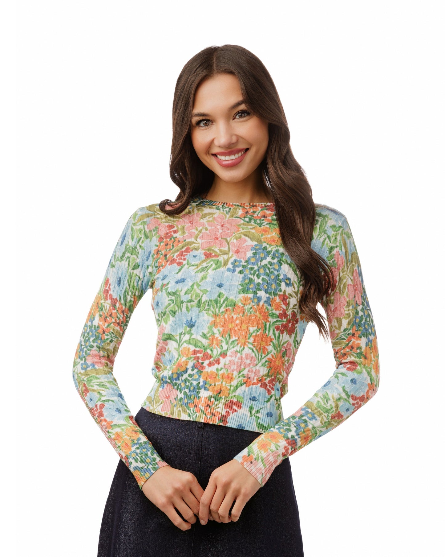 Green Base Floral Printed Cable Knit Top