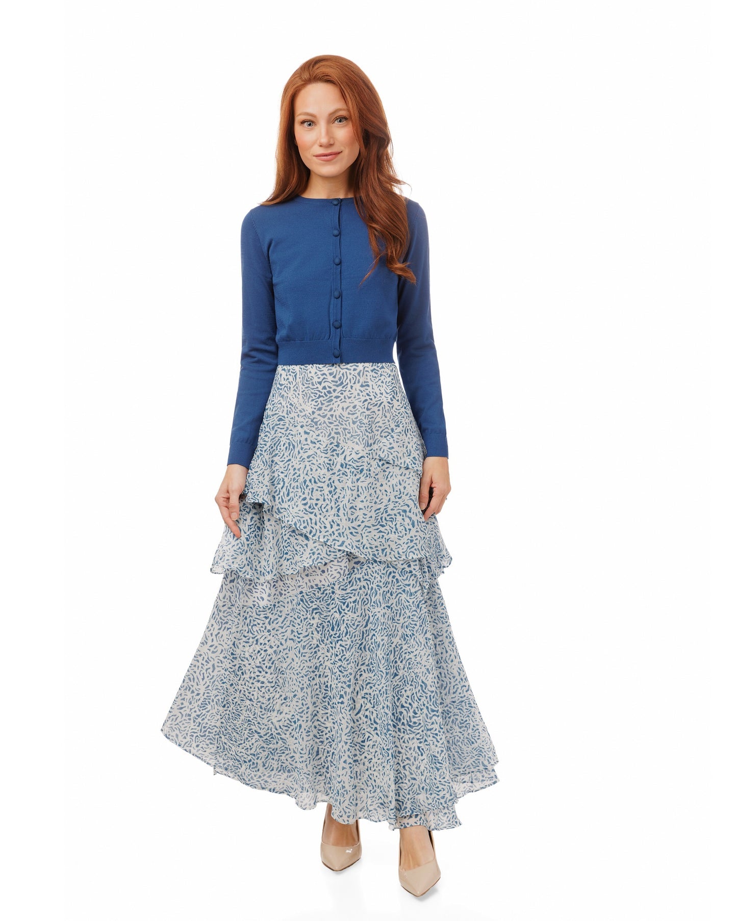 Blue And White Printed Layered Skirt