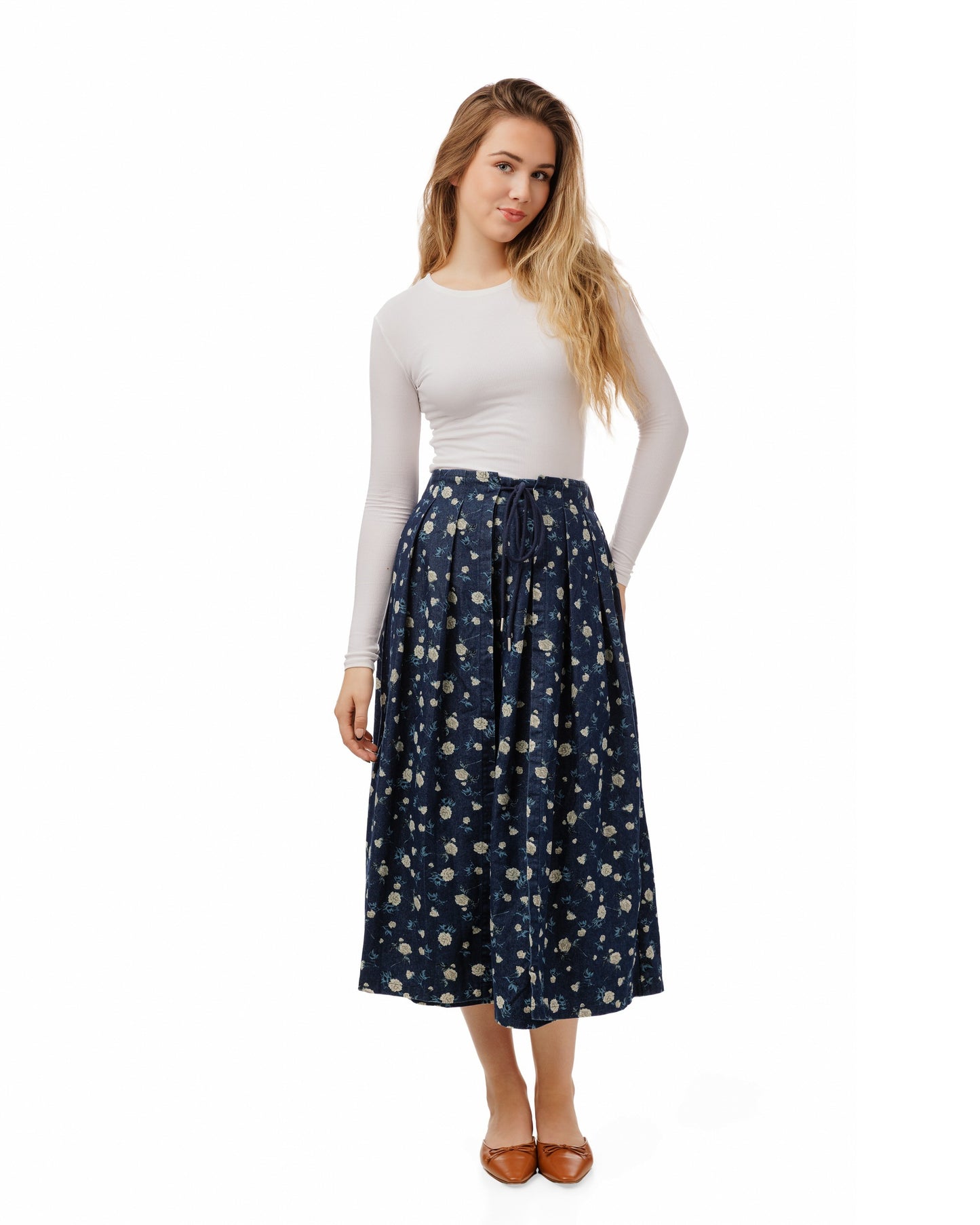 Navy Skirt With Ivory Floral Print