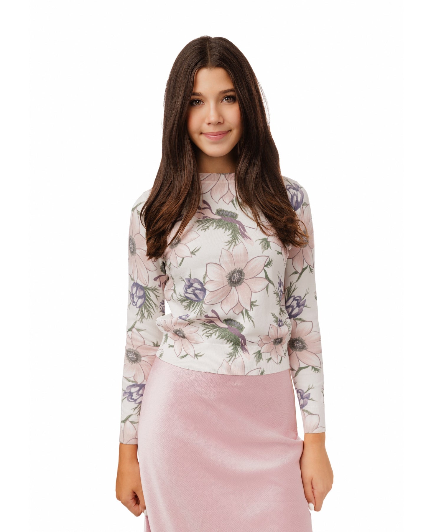 White Knit Top With Pink Floral Print
