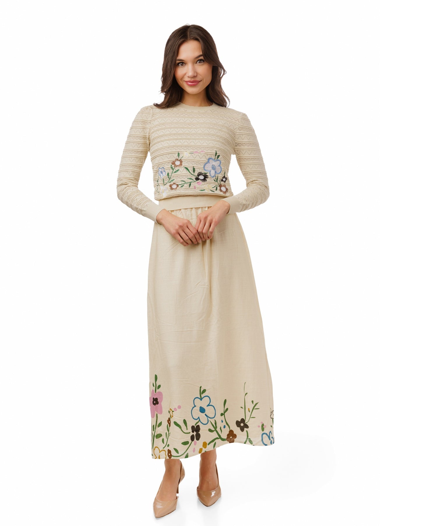 Tan Linen Skirt With Flowers