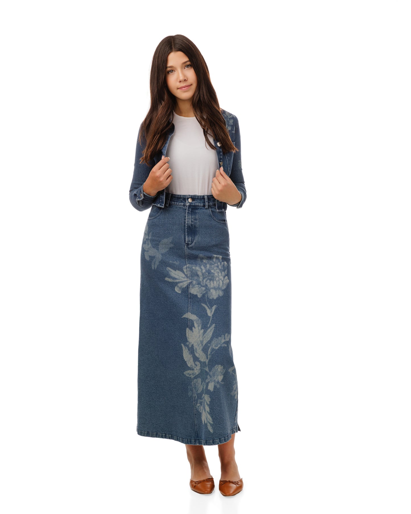 Acid Washed Flower Print Denim Skirt - Blue