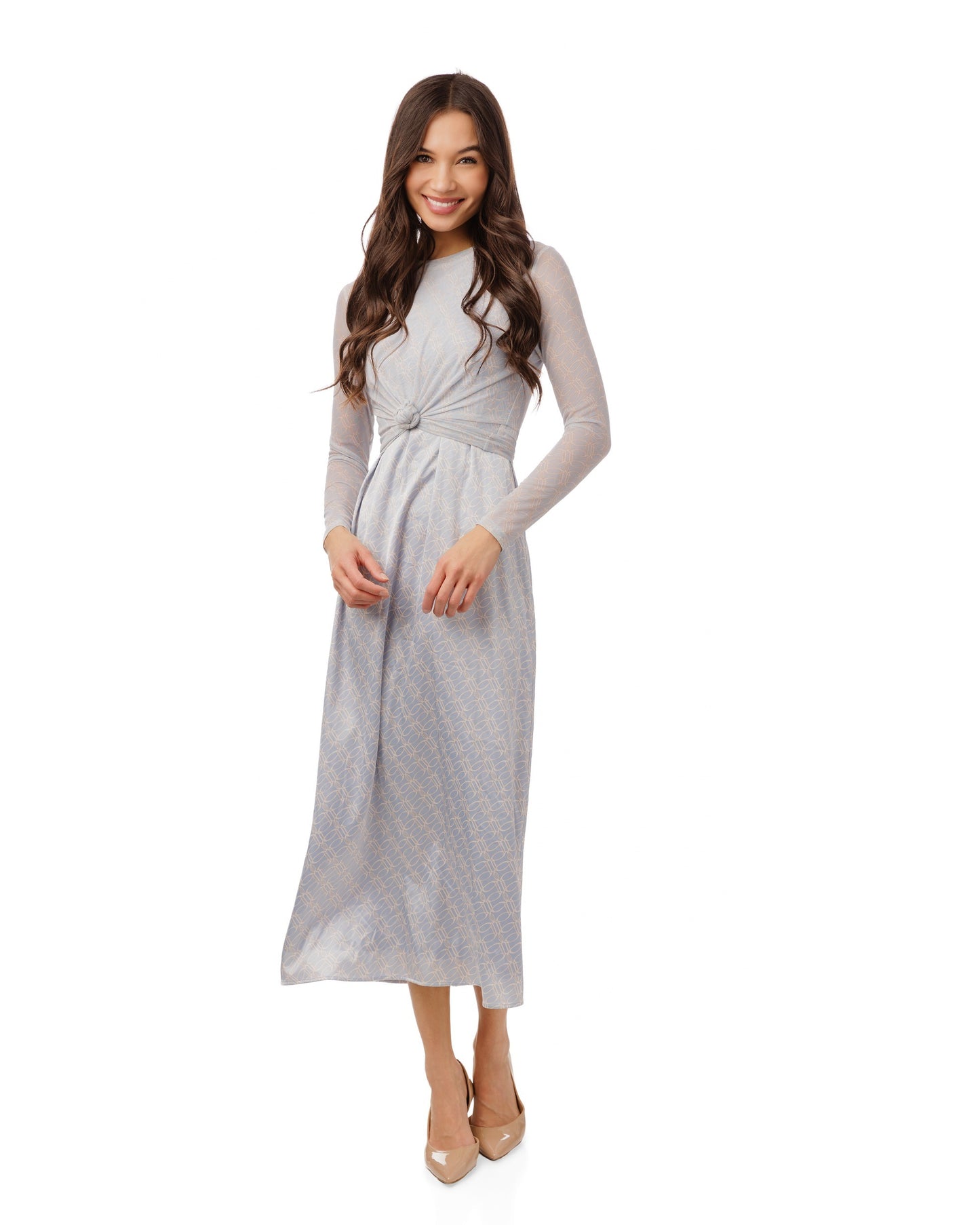 Abstract Print Blue Jumper With Tie Neck Overlay