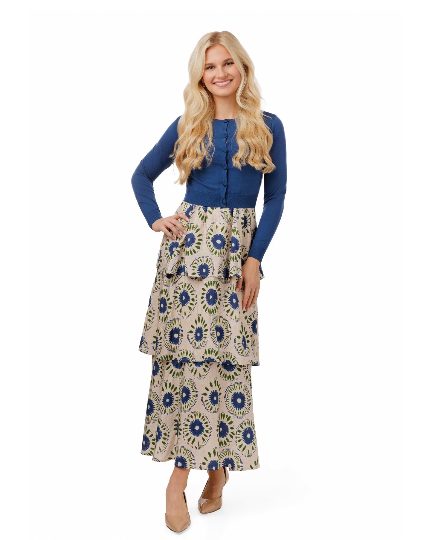 Blue And Green Printed Layered Jumper With Royal Blue Knit Cardigan