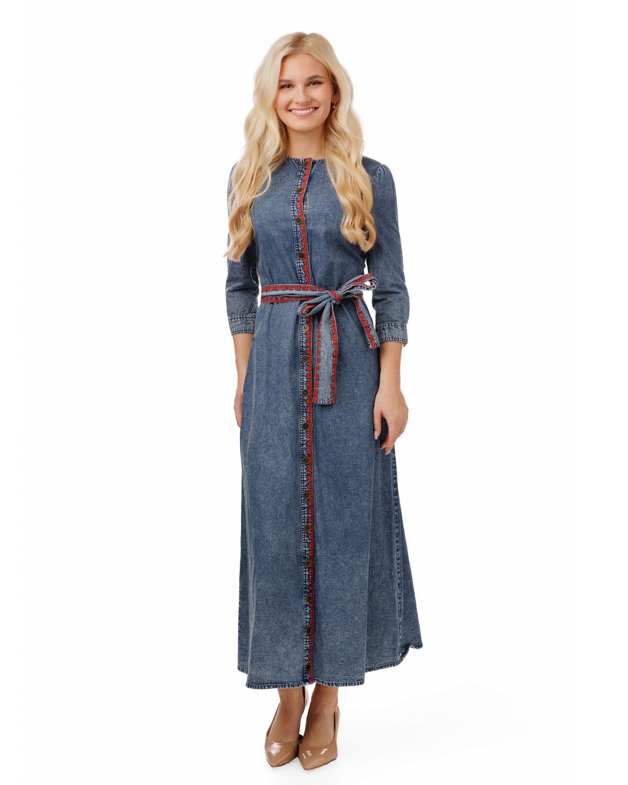 Red Embroidery Trim Denim Dress – The Runway Company