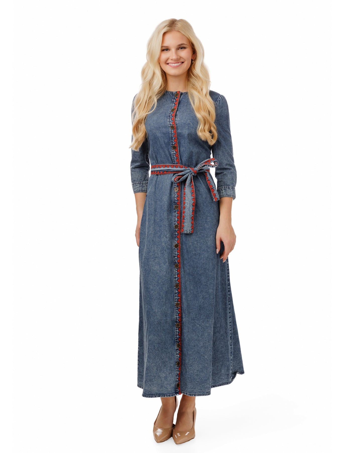 Red Embroidery Trim Denim Dress