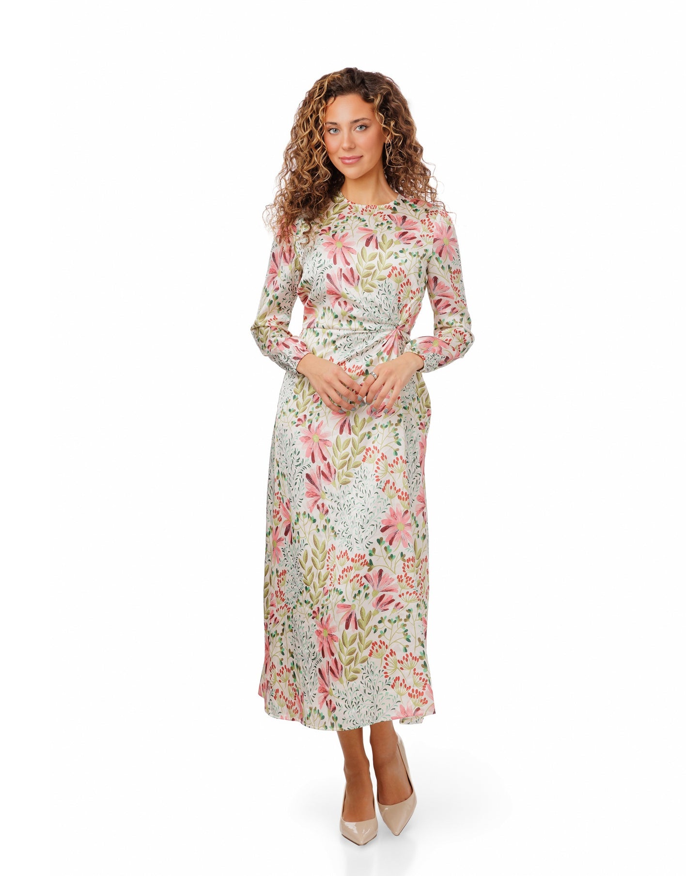 Floral Satin Dress With Knotted Waist