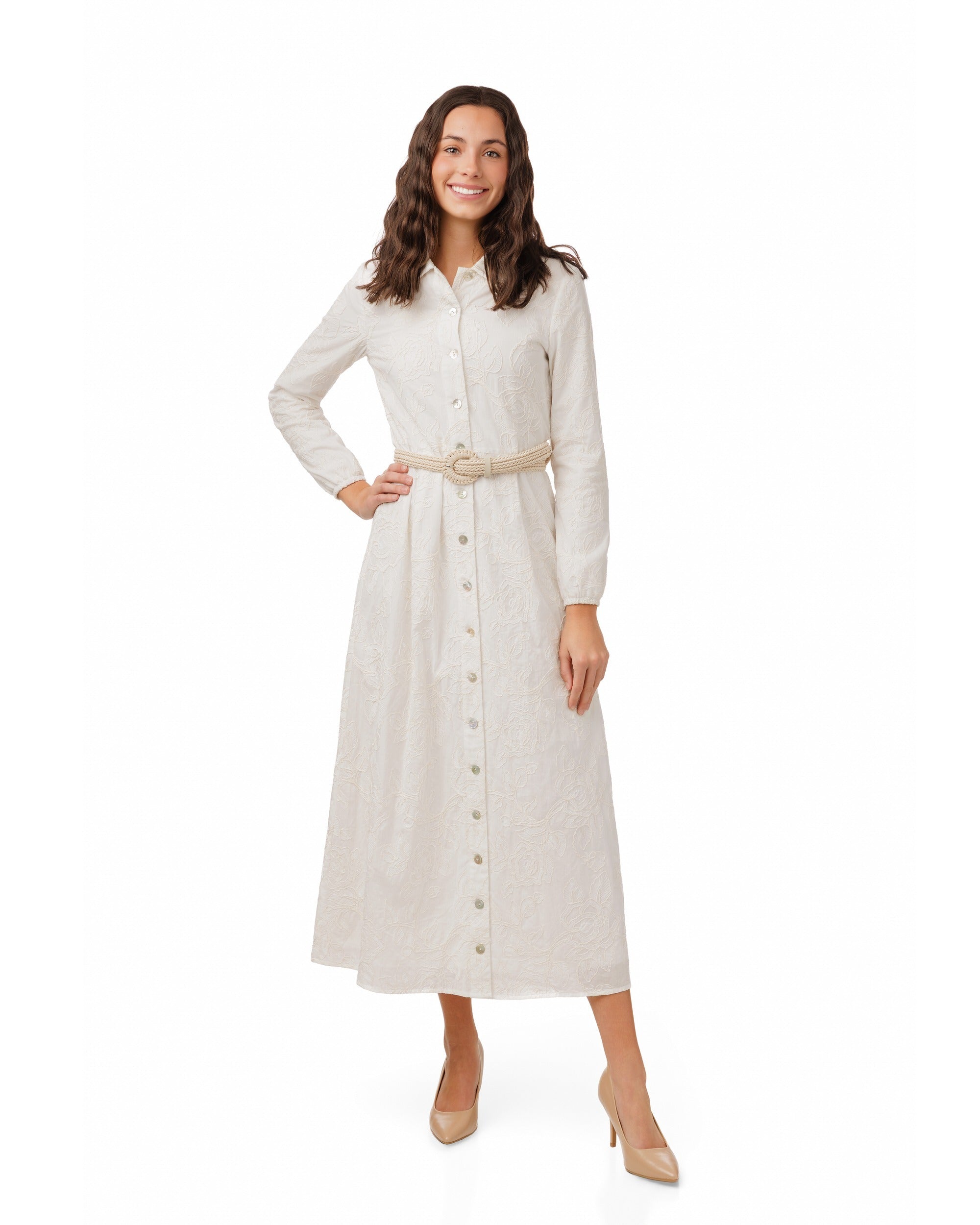 White Beaded Embroidered Dress W/ Braided Belt – The Runway Company