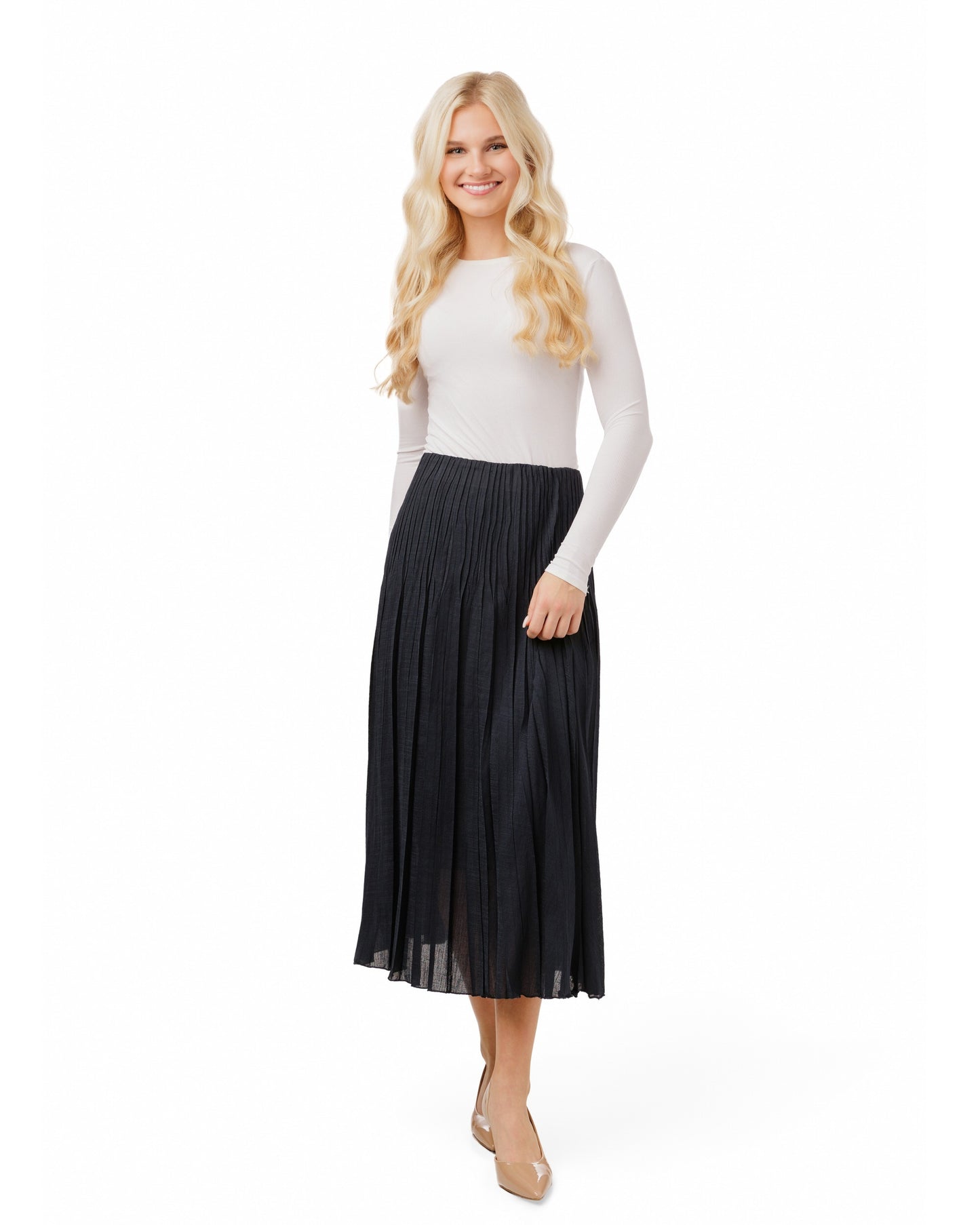 Pleated Chiffon Skirt - Dark Blue