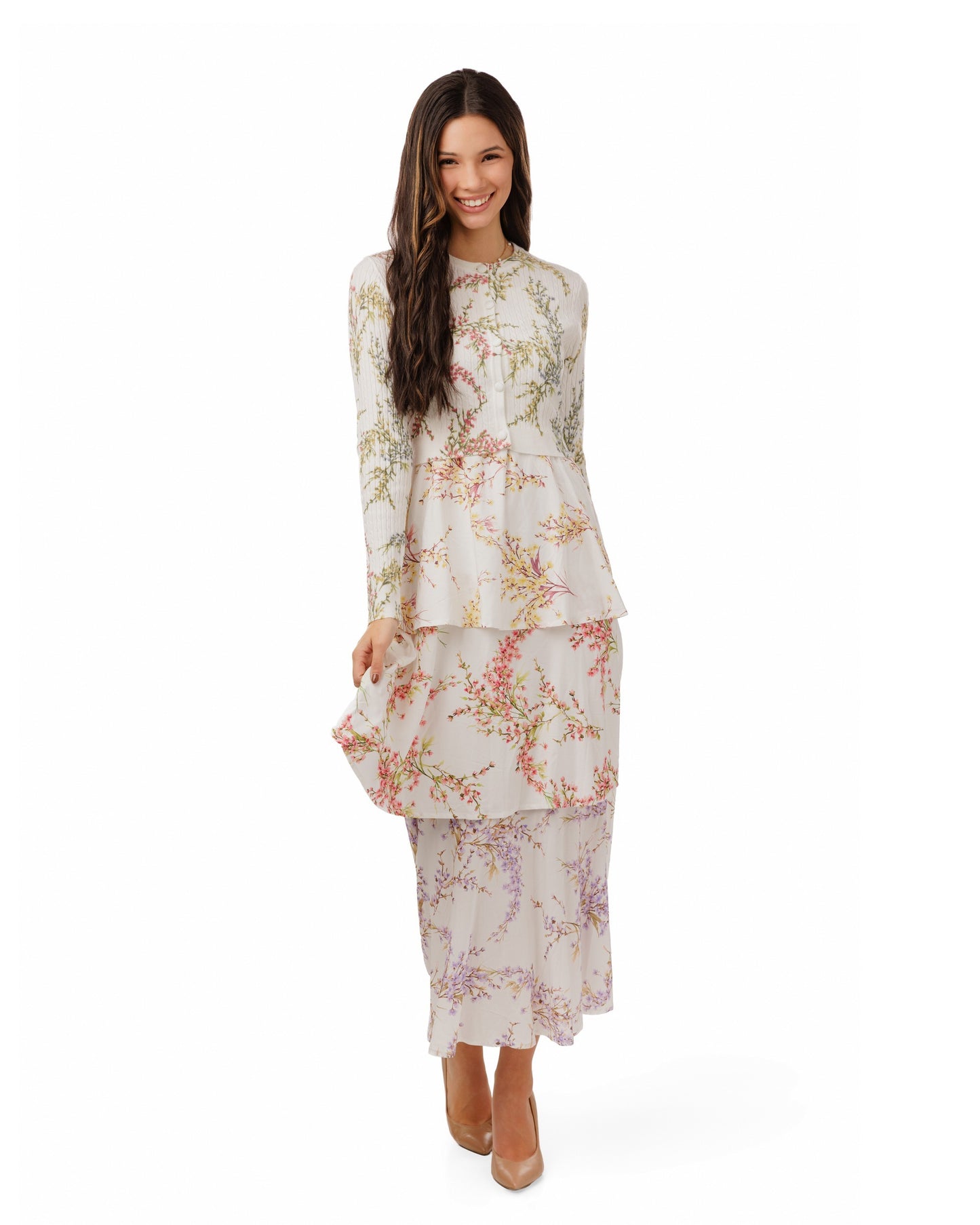 Ivory Floral Layered Overlay Dress