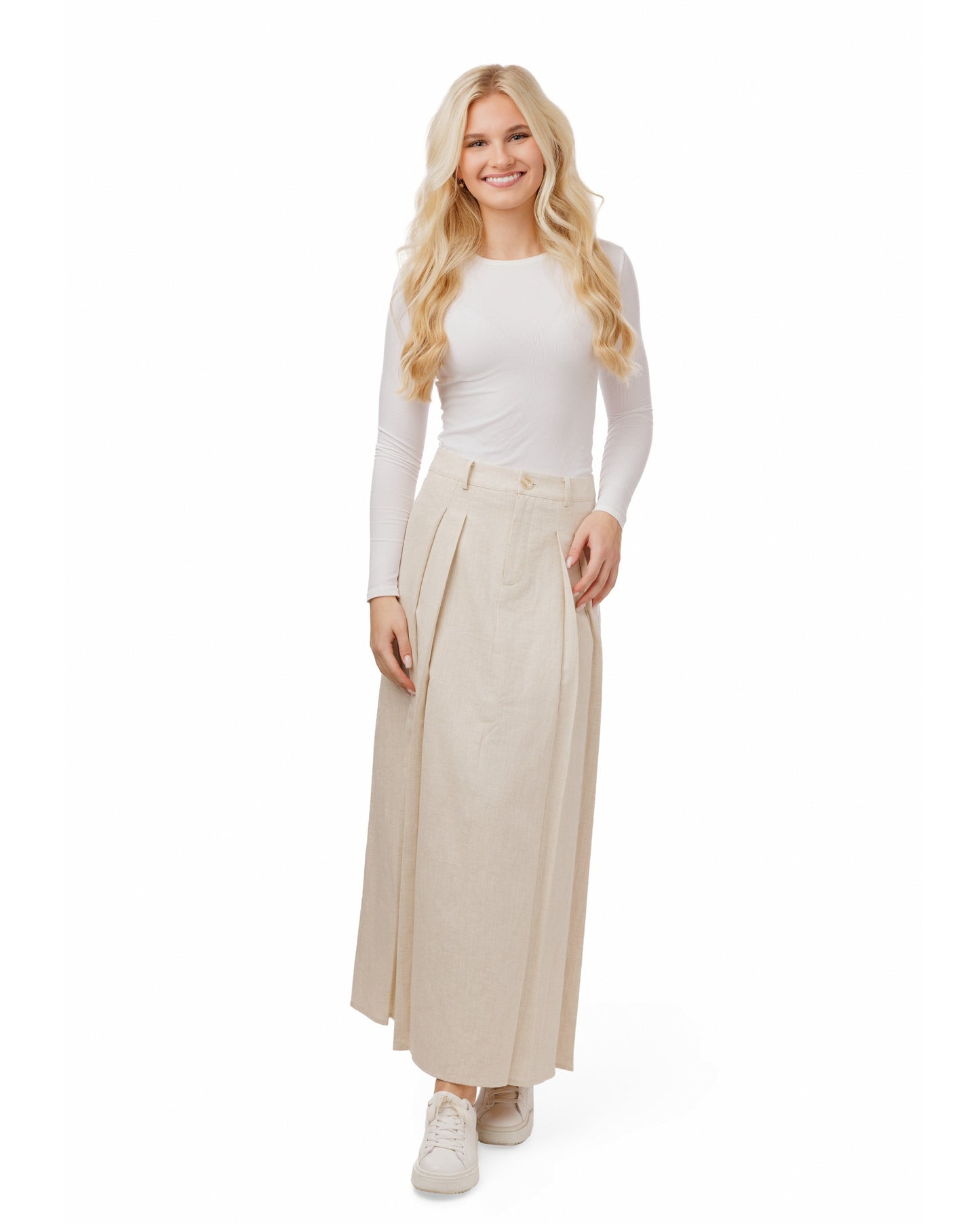 Beige Pleated Linen Skirt