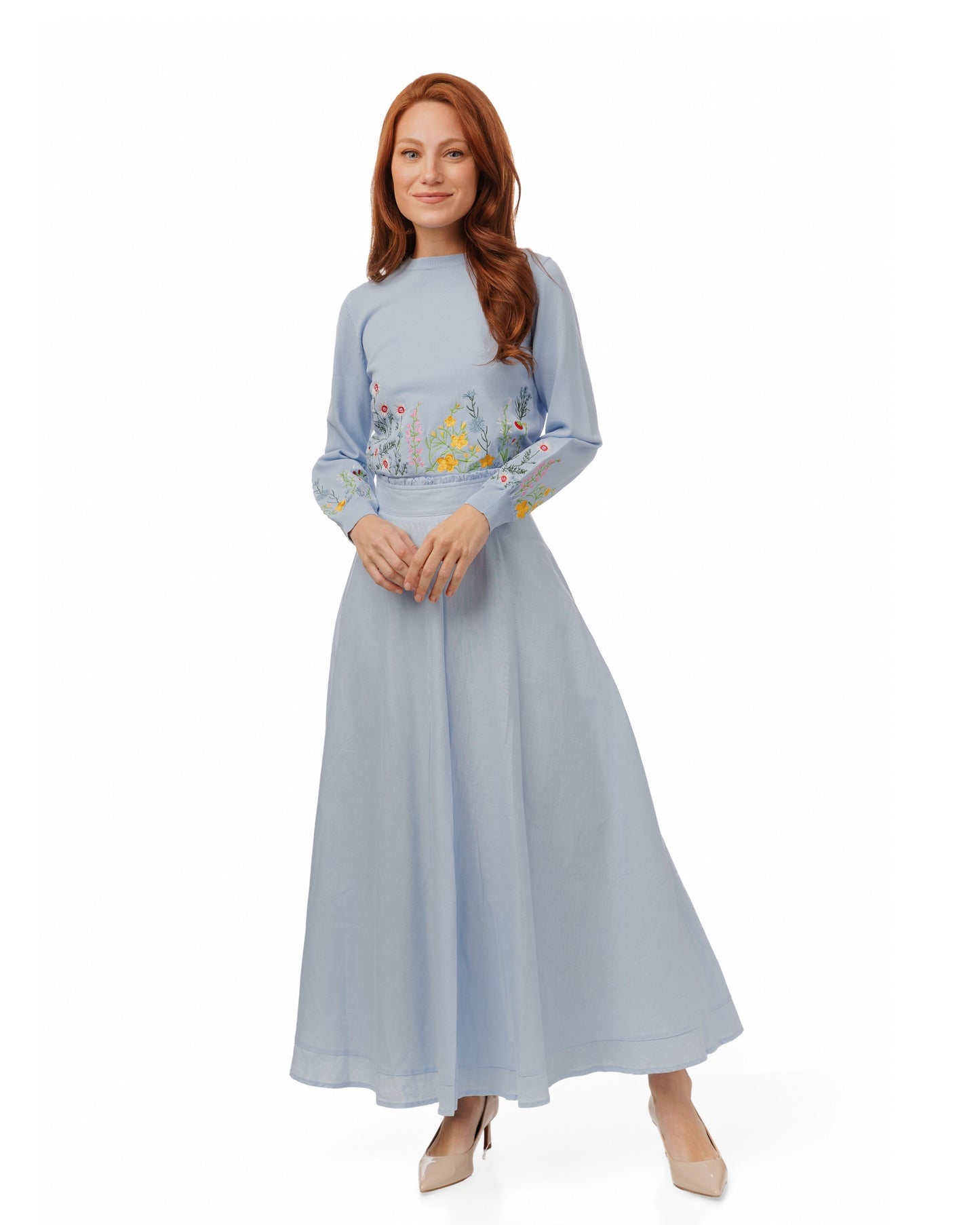 Light Blue Embroidered Floral Knit Top