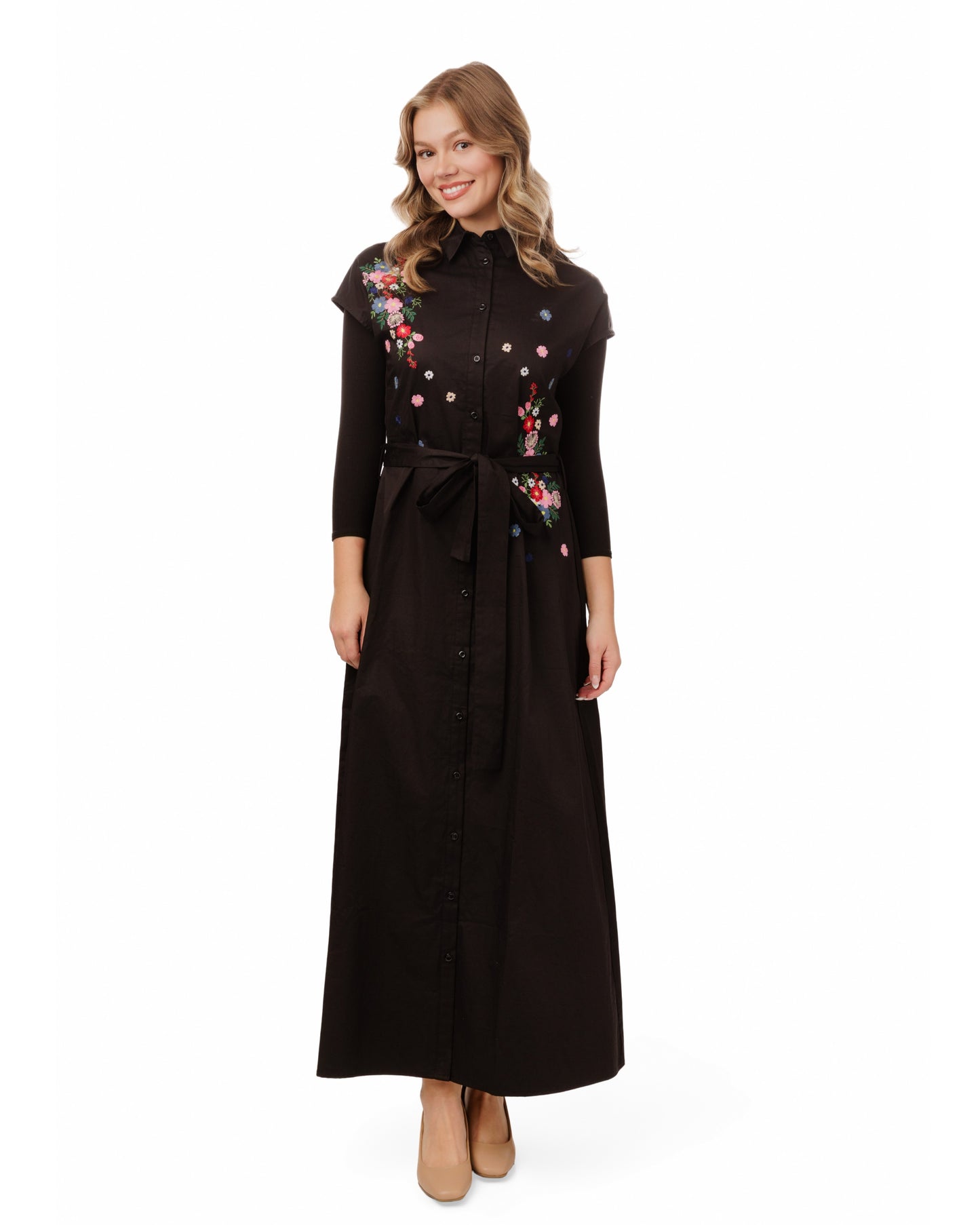Cotton Jumper With Floral Embroidery - Black