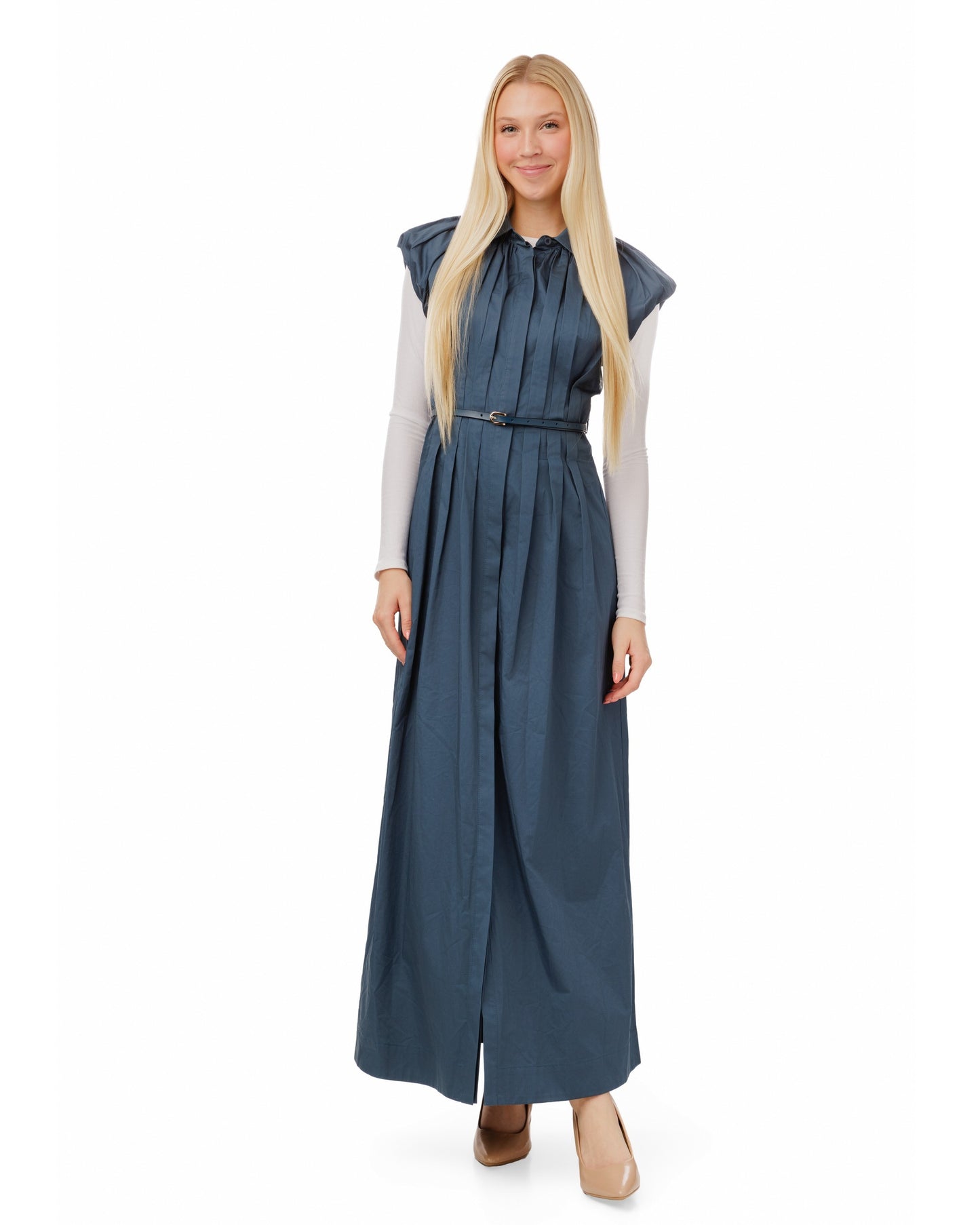 Navy Pleated Jumper With Belt