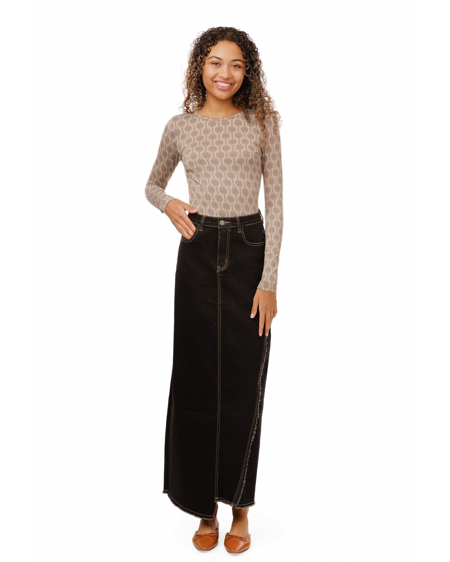Side Frayed Denim Skirt - Black